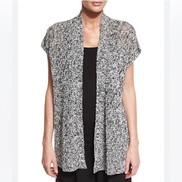 Eileen Fisher Sweaters - Eileen Fisher Black/White Short-Sleeve Melange Linen Grain Twist Cardigan